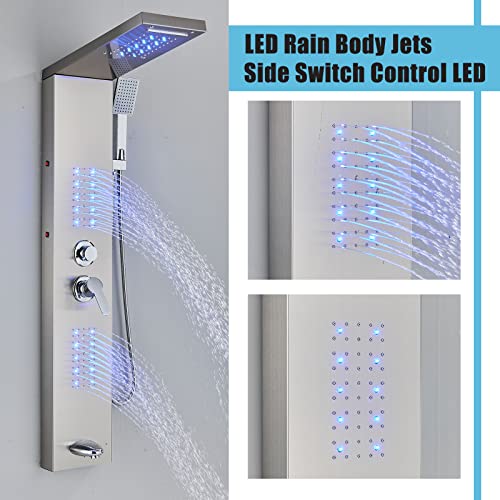 FCOTEEU Shower Panel Tower System,LED Rainfall Waterfall Shower Head LED Large Area Massage Jets Tub Spout,Stainless Steel Bathroom Shower Tower Column Brushed Nickel