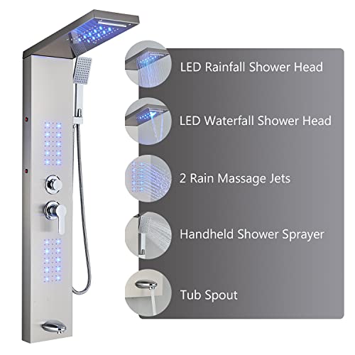 FCOTEEU Shower Panel Tower System,LED Rainfall Waterfall Shower Head LED Large Area Massage Jets Tub Spout,Stainless Steel Bathroom Shower Tower Column Brushed Nickel