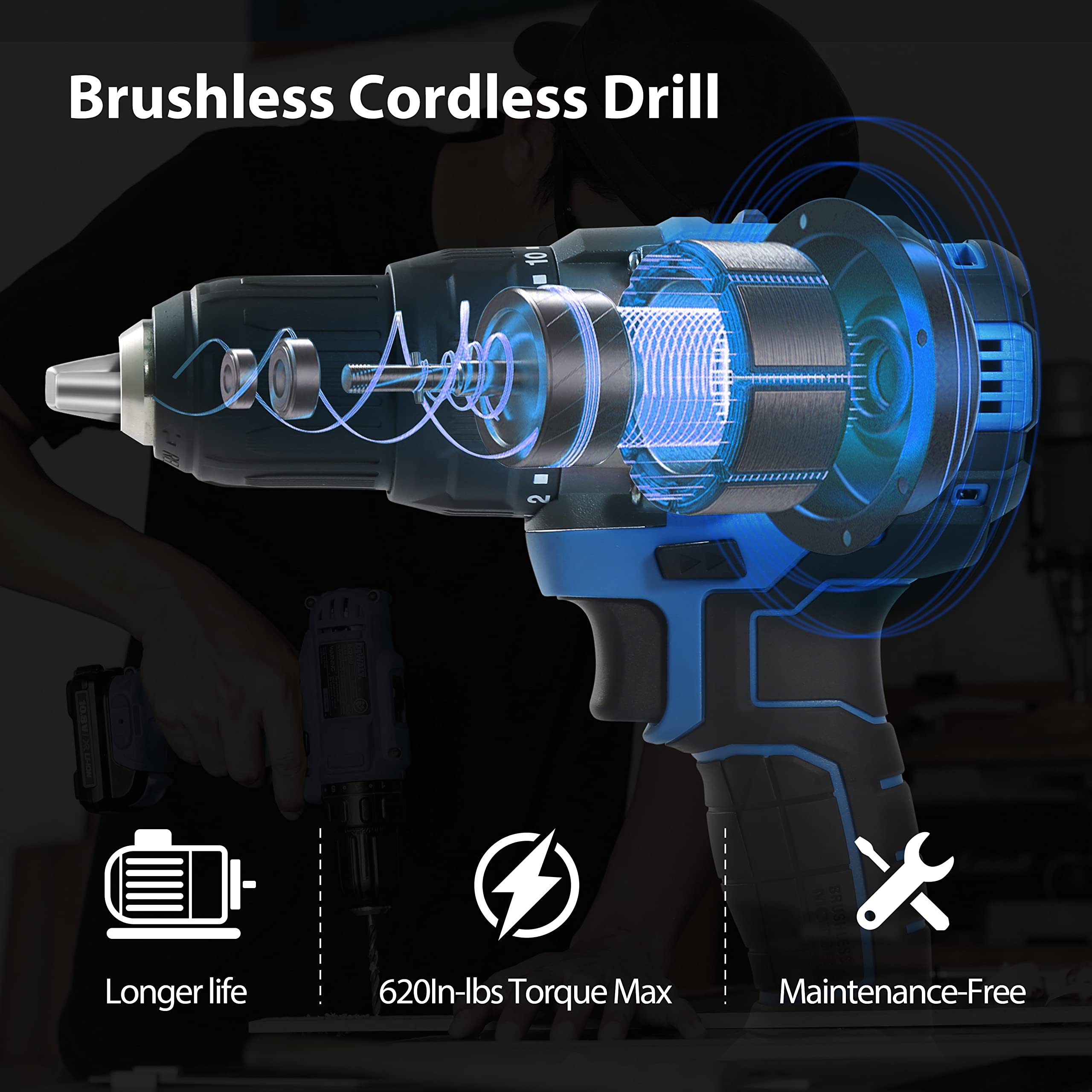 WISETOOL Cordless Drill Set,20V MAX Brushless Drill Driver Kit with Charger,Electric Power Cordless Drill Kit with 1/2'' Keyless Chuck,620 In-lbs Torque,2 Variable Speed,Built-in LED