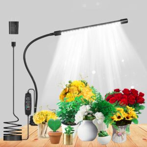 lonsrive grow lights for indoor plants growing, 6500k white led grow lamp, 9 dimmable settings for indoor plants with white spectrum, adjustable gooseneck, 3/9/12h timer