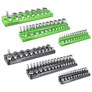 oemtools 22488 6 pack set metric and sae magnetic socket tray set, black and green socket organizers, 1/4, 3/8, 1/2 inch drive socket organizer tray set