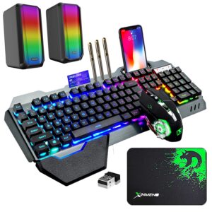 wireless gaming keyboard mouse and wired computer speaker with rainbow rgb backlit rechargeable battery metal mechanical ergonomic waterproof dustproof removable palm rest for laptop pc gamer(black)