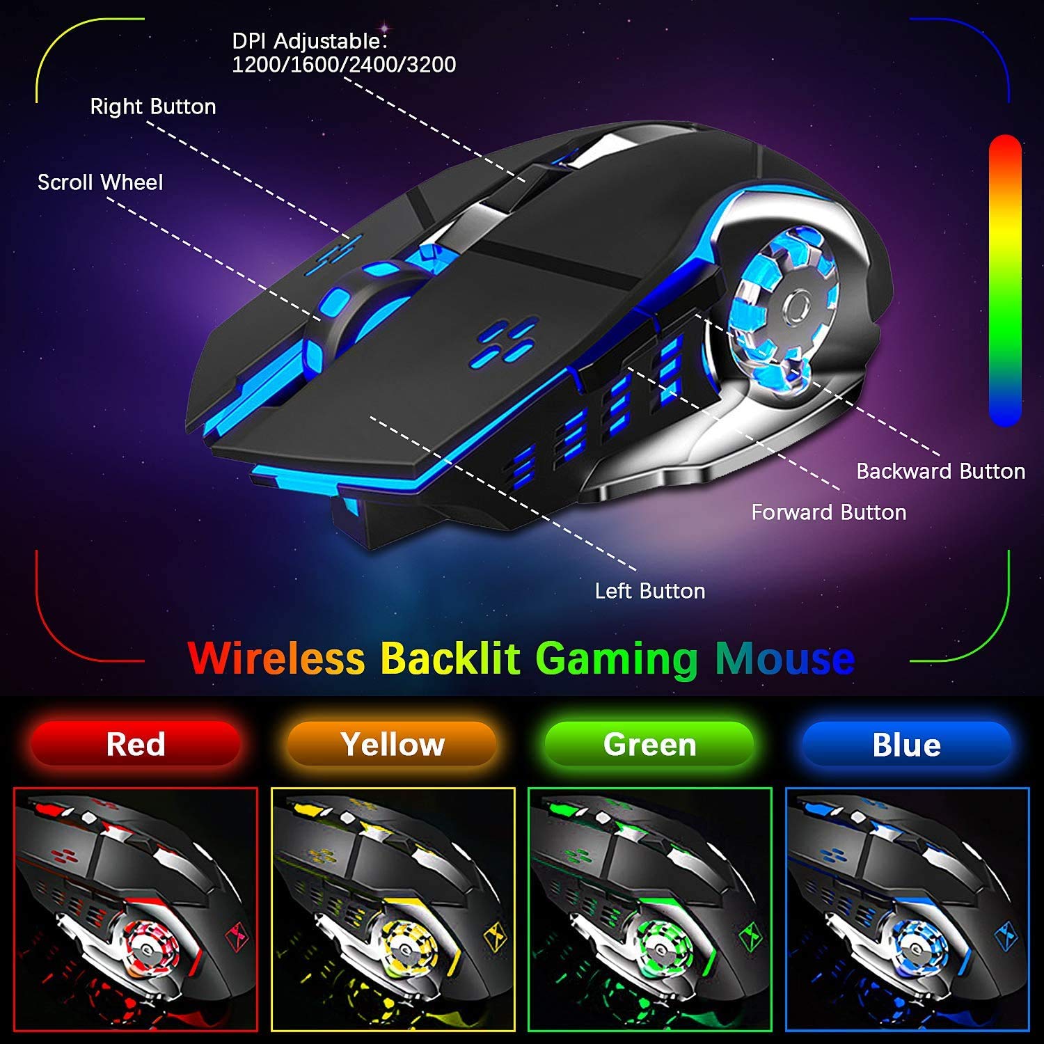 Wireless Gaming Keyboard Mouse and Wired Computer Speaker with Rainbow RGB Backlit Rechargeable Battery Metal Mechanical Ergonomic Waterproof Dustproof Removable Palm Rest for Laptop PC Gamer(Black)