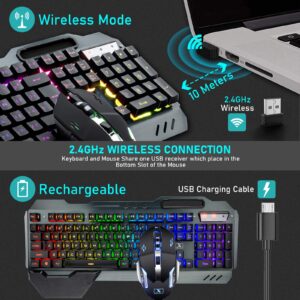 Wireless Gaming Keyboard Mouse and Wired Computer Speaker with Rainbow RGB Backlit Rechargeable Battery Metal Mechanical Ergonomic Waterproof Dustproof Removable Palm Rest for Laptop PC Gamer(Black)