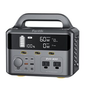 fanttik evo 300 portable power station, 299wh backup power supply, real-time monitoring, 2 ac 110v/300w(peak 600w) pure sine wave outlets, for outdoors camping travel rv emergency