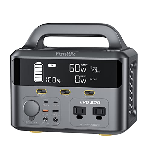 Fanttik EVO 300 Portable Power Station, 299Wh Backup Power Supply, Real-Time Monitoring, 2 AC 110V/300W(Peak 600W) Pure Sine Wave Outlets, for Outdoors Camping Travel RV Emergency