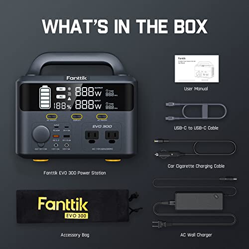 Fanttik EVO 300 Portable Power Station, 299Wh Backup Power Supply, Real-Time Monitoring, 2 AC 110V/300W(Peak 600W) Pure Sine Wave Outlets, for Outdoors Camping Travel RV Emergency