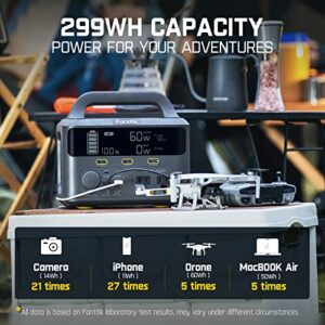 Fanttik EVO 300 Portable Power Station, 299Wh Backup Power Supply, Real-Time Monitoring, 2 AC 110V/300W(Peak 600W) Pure Sine Wave Outlets, for Outdoors Camping Travel RV Emergency