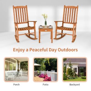 Tangkula 3 Piece Patio Rocking Bistro Set, Patiojoy Eucalyptus Wood Conversation Set with 2 Rockers and 1 Coffee Table, Outdoor Rocking Chair Set with Coffee Table for Porch, Patio and Backyard