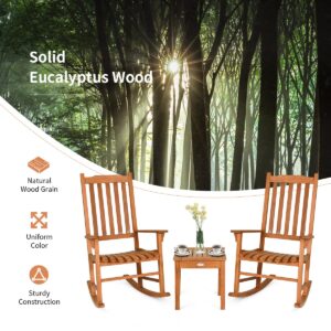 Tangkula 3 Piece Patio Rocking Bistro Set, Patiojoy Eucalyptus Wood Conversation Set with 2 Rockers and 1 Coffee Table, Outdoor Rocking Chair Set with Coffee Table for Porch, Patio and Backyard