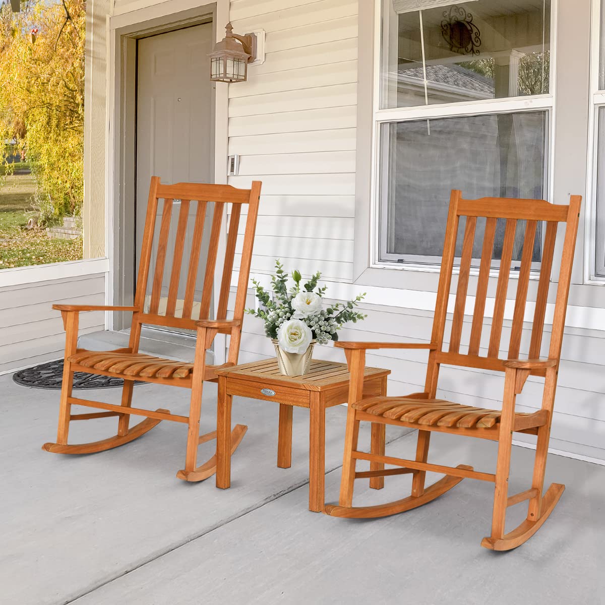 Tangkula 3 Piece Patio Rocking Bistro Set, Patiojoy Eucalyptus Wood Conversation Set with 2 Rockers and 1 Coffee Table, Outdoor Rocking Chair Set with Coffee Table for Porch, Patio and Backyard