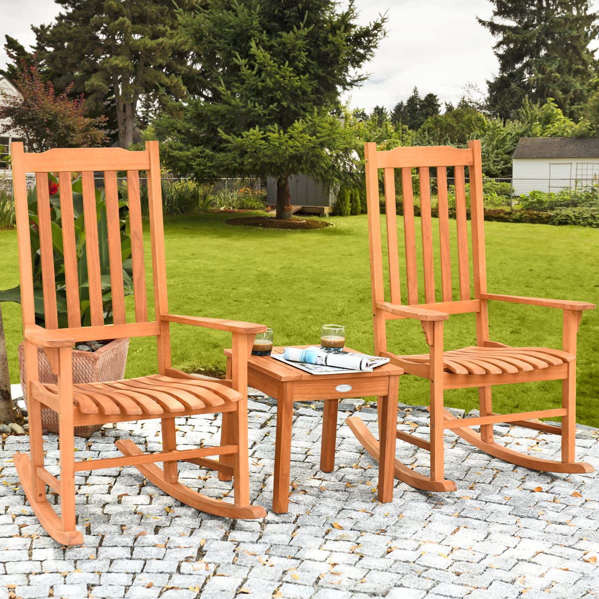 Tangkula 3 Piece Patio Rocking Bistro Set, Patiojoy Eucalyptus Wood Conversation Set with 2 Rockers and 1 Coffee Table, Outdoor Rocking Chair Set with Coffee Table for Porch, Patio and Backyard