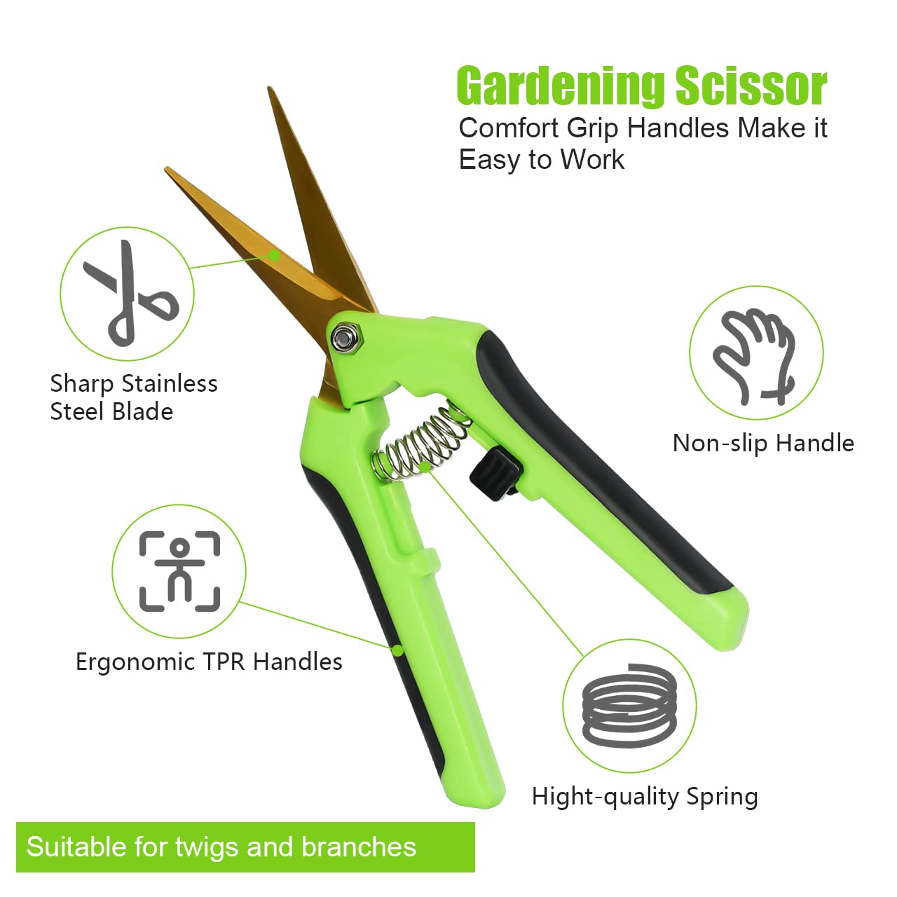 Pruning Shears Garden Scissors Clippers, 1 Pack 8" Professional Sharp Bypass Pruning Shears and 1 Pack 6.5 Inch Gardening Scissors Hand Pruner Pruning Shear with Curved Precision Blades