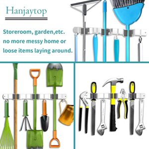 Hanjaytop Mop and Broom Organizer Wall Mounted, Stainless Steel Heavy Duty Garden and Kitchen Garage Tool Organizer Wall Holder for Home Goods (3 Racks 4 Hooks)