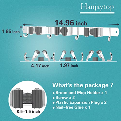 Hanjaytop Mop and Broom Organizer Wall Mounted, Stainless Steel Heavy Duty Garden and Kitchen Garage Tool Organizer Wall Holder for Home Goods (3 Racks 4 Hooks)