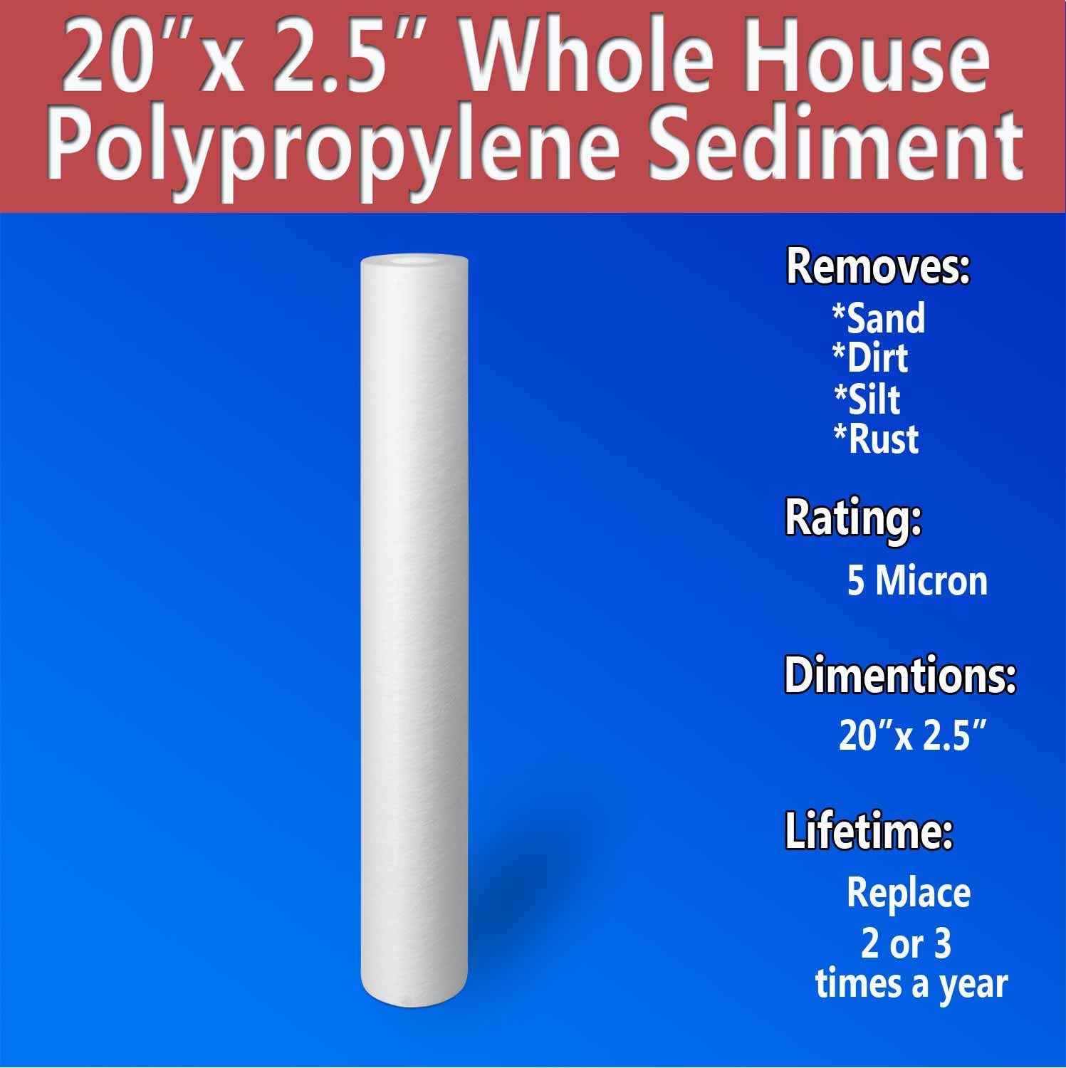 Standard Whole House Melt-blown Four Layers Filtration Polypropylene 5 Micron Sediment Filter 20” x 2.5” Fits 20” x 2.5” Housings. Compatible with FPMB5-20, FPMB520, SDC-25-2005/4, VX05-20 Pack of 4