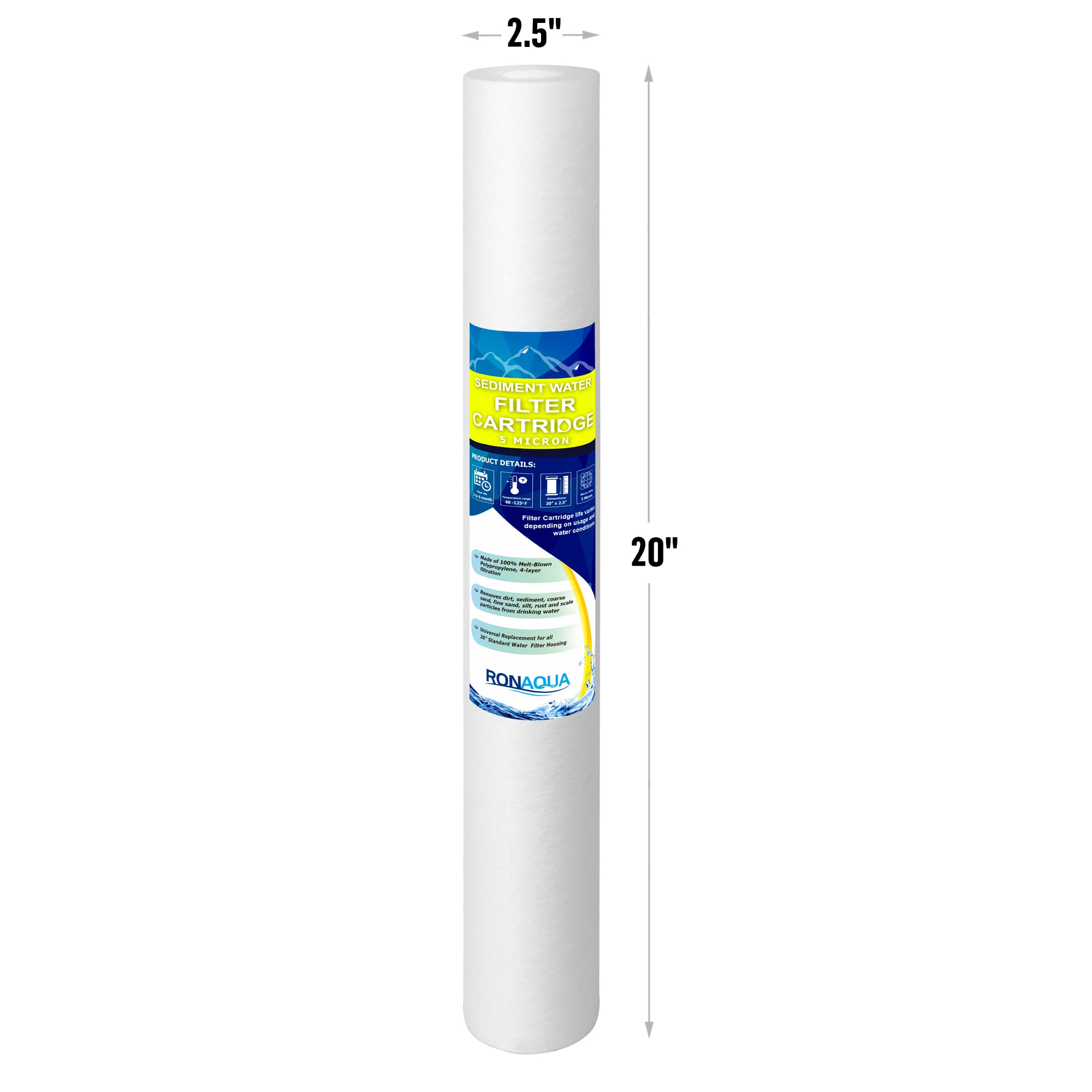 Standard Whole House Melt-blown Four Layers Filtration Polypropylene 5 Micron Sediment Filter 20” x 2.5” Fits 20” x 2.5” Housings. Compatible with FPMB5-20, FPMB520, SDC-25-2005/4, VX05-20 Pack of 4