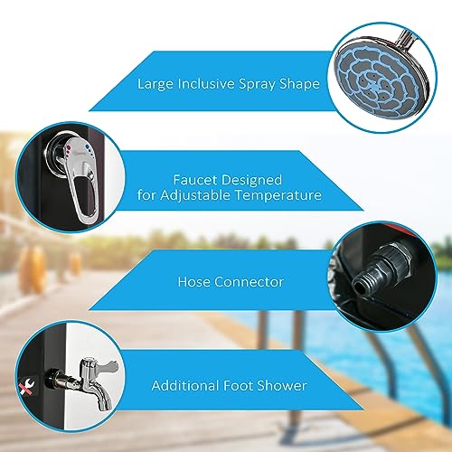 Outsunny 7ft Outdoor Solar Heated Shower with 360 Rotating Shower Head, Foot Shower Faucet, Temperature and Pressure Adjustable, Holds 9.2 Gallons for Backyard Pool