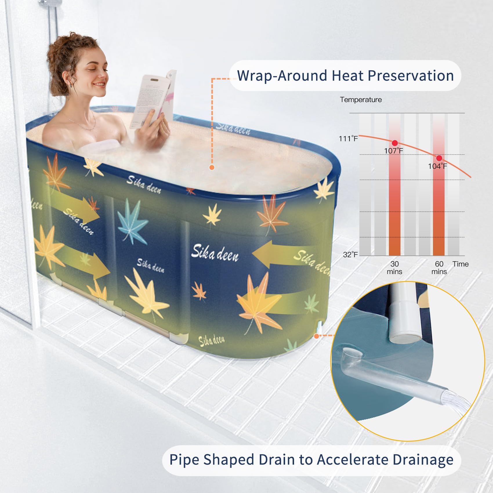 LERGNA Portable Bathtub,Foldable Freestanding Bathtub,Japanese Soaking Tub,Shower Stall Bathtub,Bathroom Folding SPA Tub For Adults,Boys And Girls,Outdoor/Indoor Hot Ice Bath,47 Inch,Blue,PVC+Al Alloy