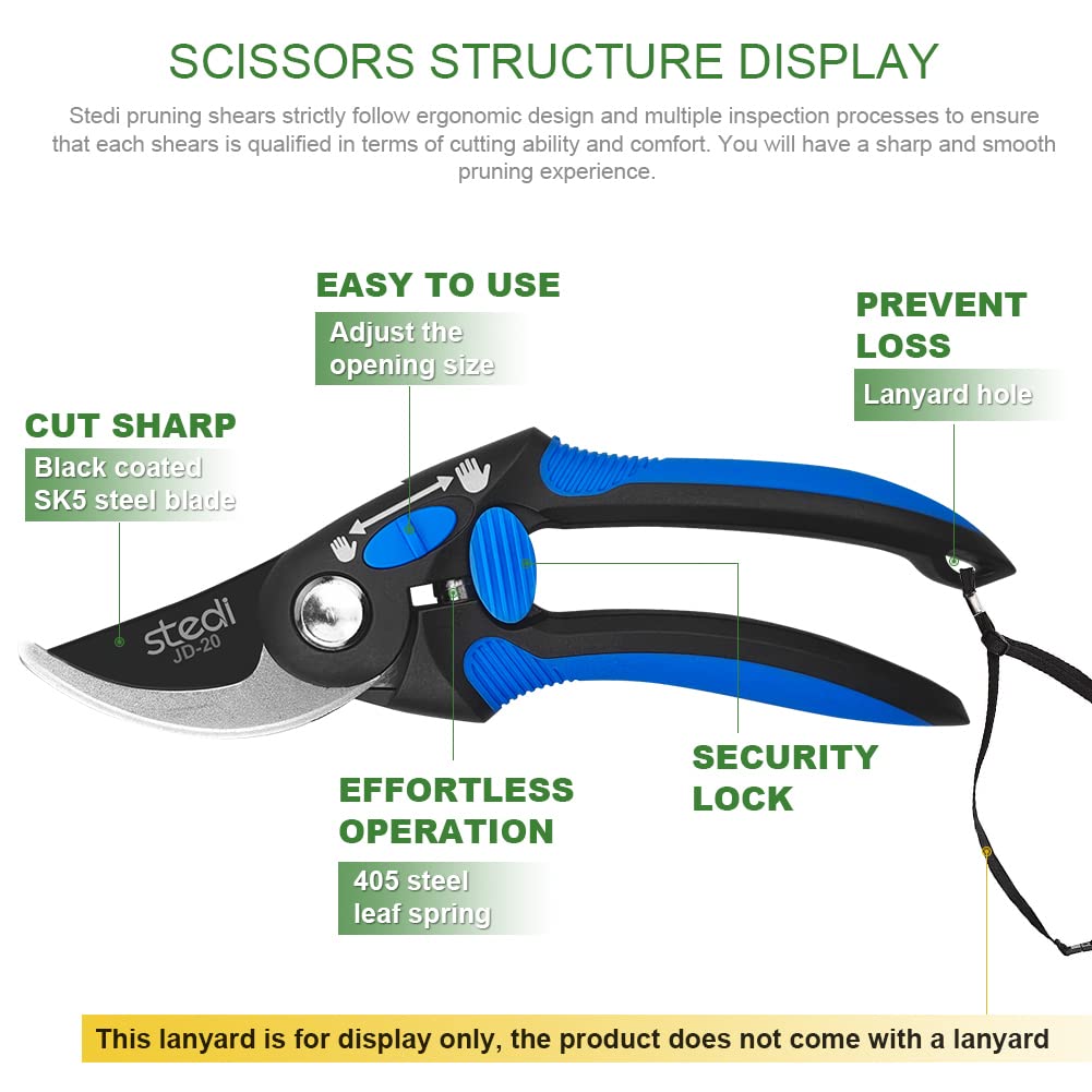 Stedi 8.5 inch Professional Garden Scissors Heavy Duty, Sharp Pruning Shears, SK-5 Carbon Steel Garden Clippers, With Safety Lock and Non-slip Handle, for Cutting Flowers/Plants/Bonsai