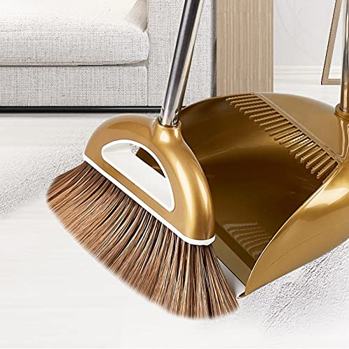 LTHTX 35" Long Handled Outdoor Dustpan and Brush Set, Foldable Broom Cleaning Set for Schools Hotel Hospital Upright Sweep (gold-2set)