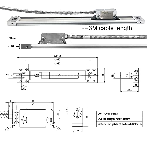 LCD Screen 2 Axis Digital Readout Display High Accuracy Magnetic Scale Encoder 1um Resolution 320mm and 5um Resolution 1020mm ((12"x40") for Lathe Machine