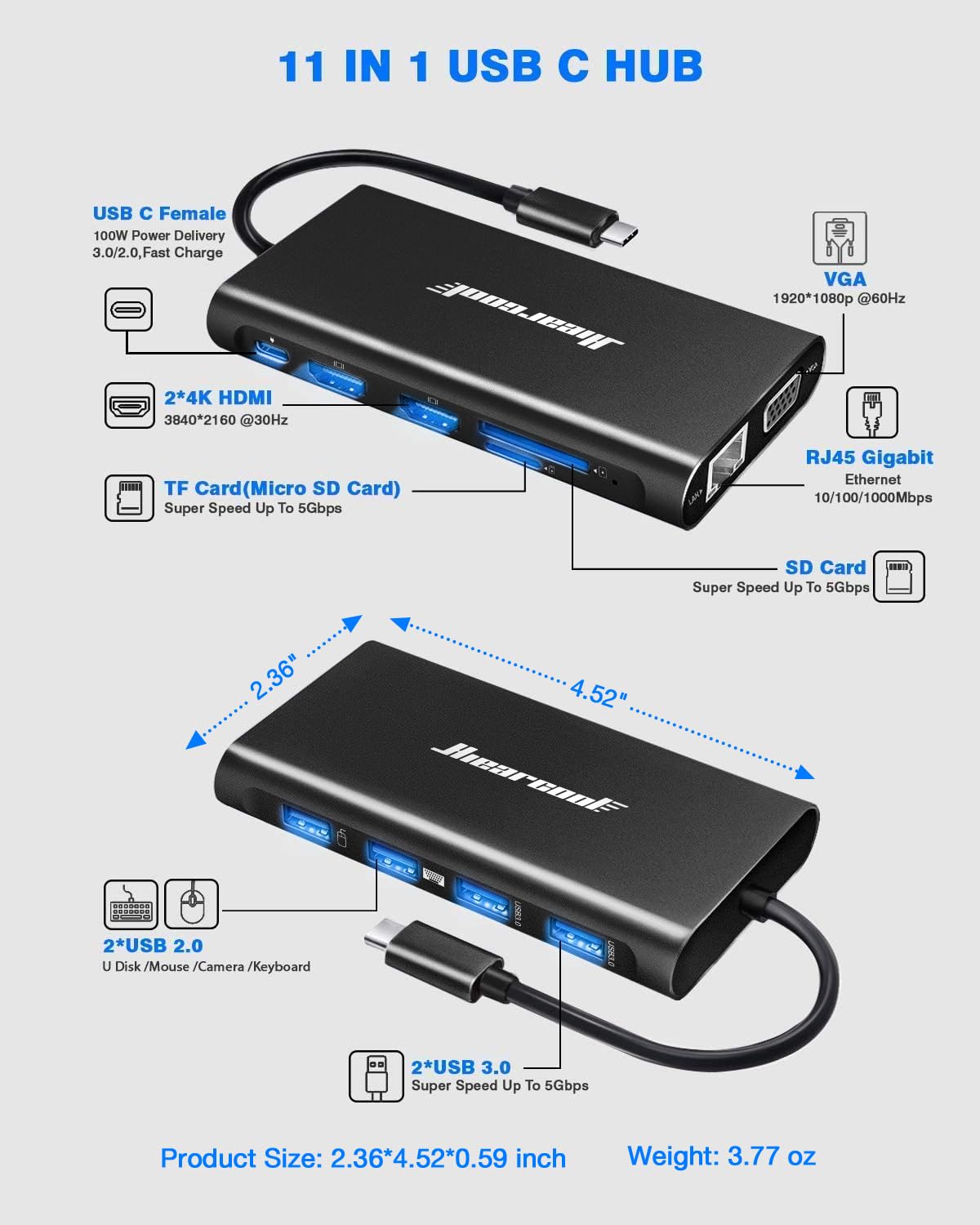 Hiearcool Docking Station,11IN1 USB C Docking Station,Dual Monitor Laptop Docking Station USB C Dock for Dell HP Lenovo Universal Docking Station for Office and Work from Home