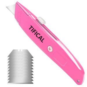 tifical box cutter retractable, premium utility knife with extra 10 blades, auto-lock razor knife for cartons, cardboard, boxes, aluminum shell box opener box cutter knife for home, office, pink