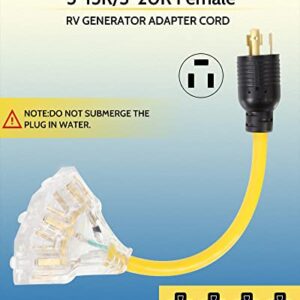 Xenjum 30 amp to 110 Adapter Generator Power Cord 1.5FT Heavy Duty 30 Amp to 15 Amp RV Distribution Adapter Cord -UL Listed (3 Prong NEMA L5-30P Male to 3X 5-20R Household Outlet Female)