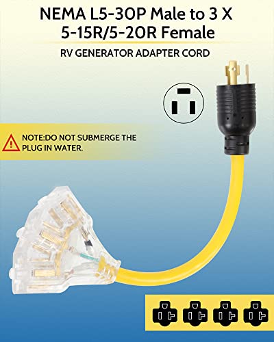 Xenjum 30 amp to 110 Adapter Generator Power Cord 1.5FT Heavy Duty 30 Amp to 15 Amp RV Distribution Adapter Cord -UL Listed (3 Prong NEMA L5-30P Male to 3X 5-20R Household Outlet Female)