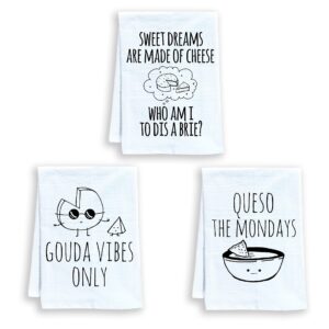 moonlight makers funny dish towels, set of 3, funny kitchen towels, sweet housewarming gift for cheese lovers, farmhouse kitchen décor (sweet dreams…brie, gouda vibes, queso the mondays)