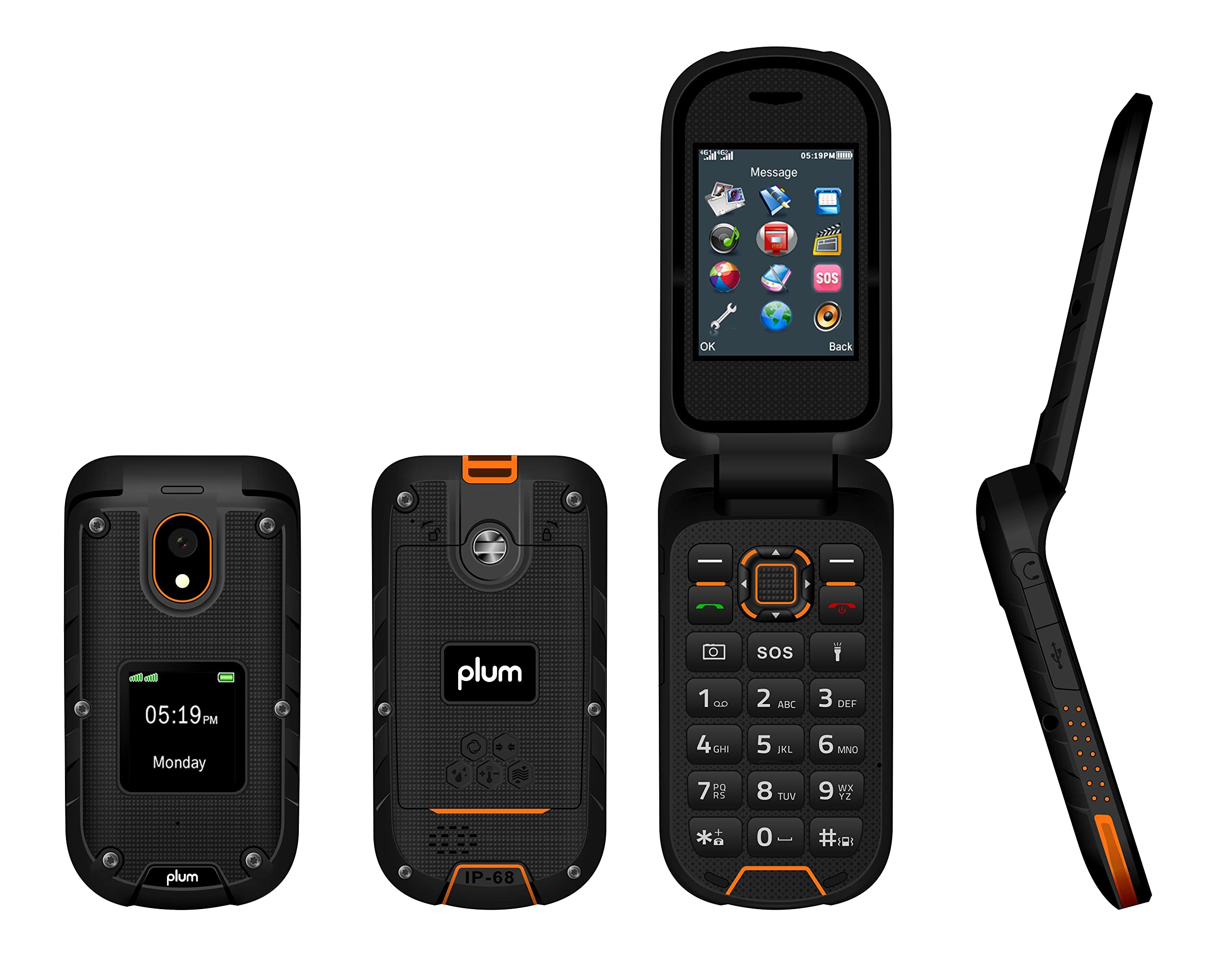 Plum RAM Plus 4G Volte Unlocked Rugged Flip Phone 2022 Model ATT, Tmobile, Speed Talk, Consumer Cellular- Orange