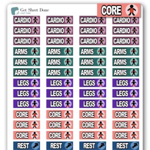 workout  planner sticker / 60 fun vinyl stickers (3/4”)/cardio legs arms rest core days rotation/health wellness fitness exercise/essential productivity life planner/bullet journaling (one sheet)