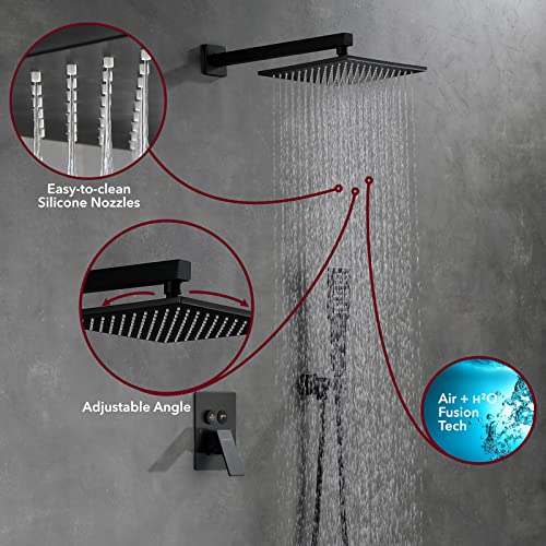 VANFOXLE Shower Faucets Sets Complete Matte Black Shower System with 10 inches Rainfall Shower Head, Push-Button Shower Faucet Fixture Combo Set Wall Mounted