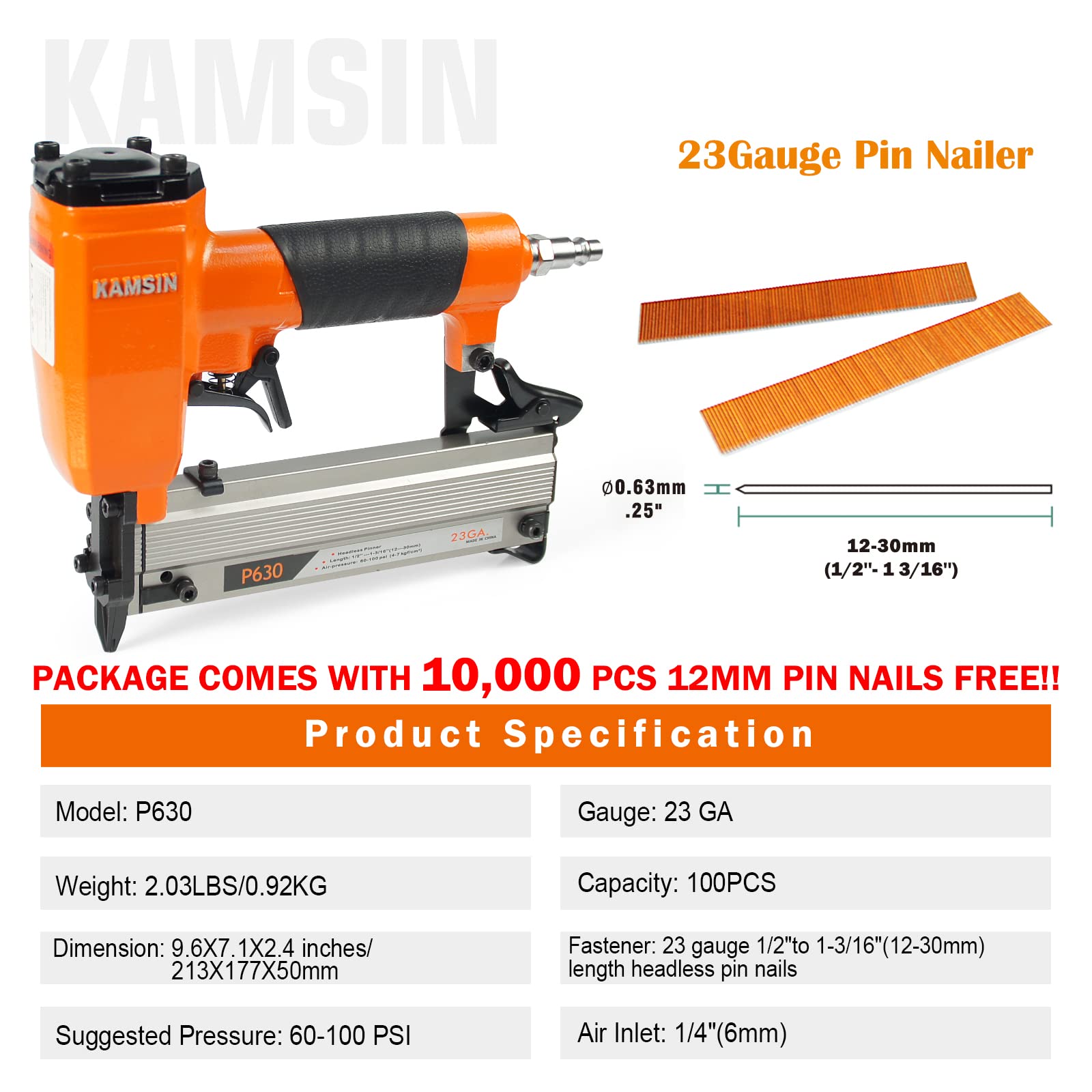 KAMSIN P630 23 Gauge Pneumatic Headless Pin Nailer Kit With 10,000PCS Pin Nails, 1/2-Inch to 1-3/16-Inch Leg Length, Air Power Micro Pinner With Safety For Furniture, Cabinets, Interior Decoration