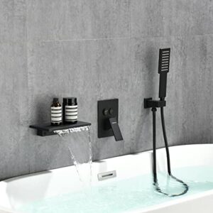 vanfoxle push-button waterfall bathtub faucet set with sprayer, shower system matte black shower faucets sets complete, single handle brass tub shower faucet set