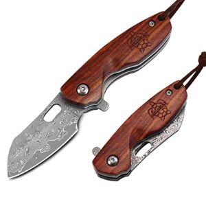 chelonian mini damascus outdoor pocket knives with liner lock wood handle,gift box