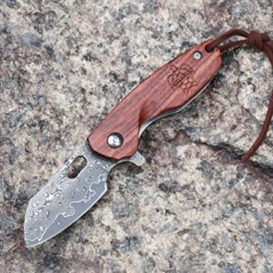 CHELONIAN Mini Damascus Outdoor Pocket Knives with Liner Lock Wood Handle,Gift Box