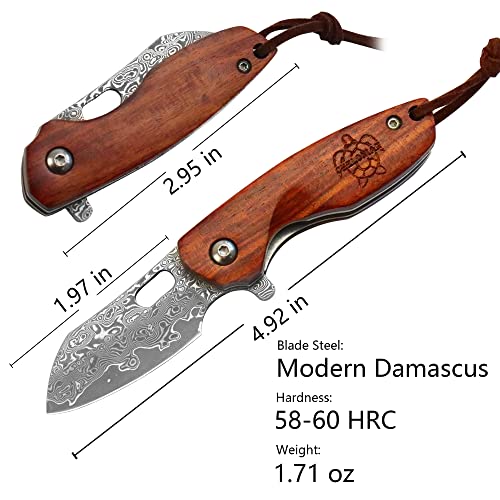 CHELONIAN Mini Damascus Outdoor Pocket Knives with Liner Lock Wood Handle,Gift Box