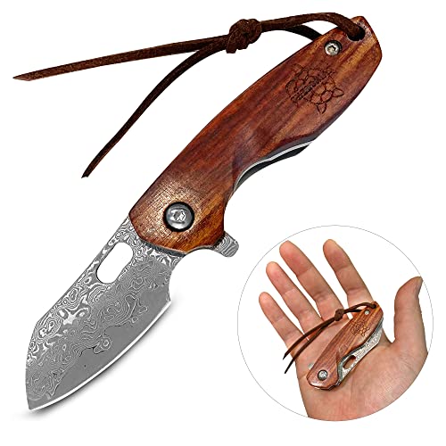 CHELONIAN Mini Damascus Outdoor Pocket Knives with Liner Lock Wood Handle,Gift Box