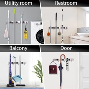 GDTOOLMMY Broom Holder Wall Mount, Stainless Steel Mop Holder Self Adhesive Durable Heavy Duty Broom Hanger Storage Rack for Home, Kitchen, Garden and Garage 5 Rack 4 Hooks(2pack)