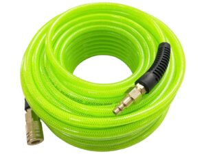 sanfu (pu) polyurethane air hose reinforced 1/4”id(6.3 x 9.8mm) x 100ft, anti-low temperature 300psi with 1/4-inch swivel solid brass quick coupler and plug, emerald green(100’)