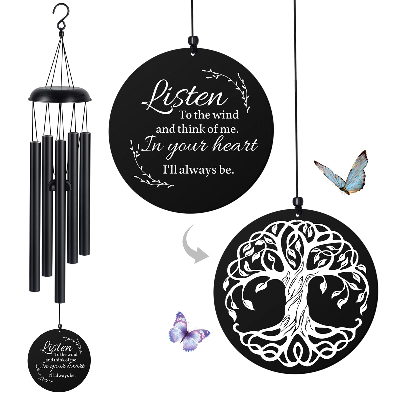 Sympathy Wind Chimes for Loss of Loved One, Memorial Windchimes for Lost Father Mother, Remembrance Bereavement Gift with Card, in Memory of Dad Mom Metal Funeral Decor for Garden Outdoor (39“ Black)