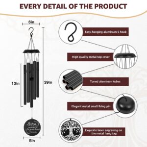 Sympathy Wind Chimes for Loss of Loved One, Memorial Windchimes for Lost Father Mother, Remembrance Bereavement Gift with Card, in Memory of Dad Mom Metal Funeral Decor for Garden Outdoor (39“ Black)