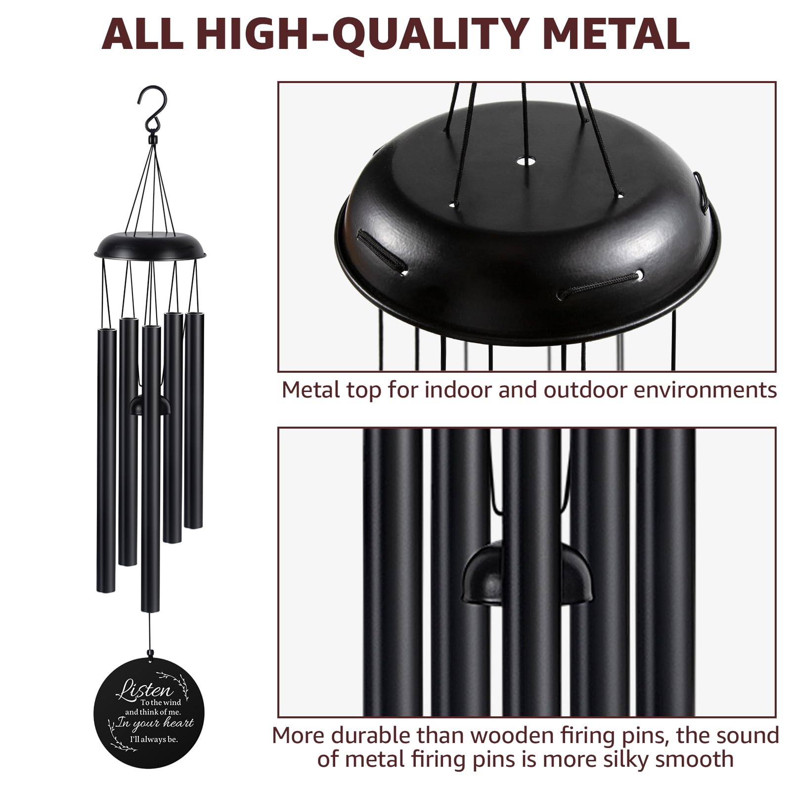 Sympathy Wind Chimes for Loss of Loved One, Memorial Windchimes for Lost Father Mother, Remembrance Bereavement Gift with Card, in Memory of Dad Mom Metal Funeral Decor for Garden Outdoor (39“ Black)