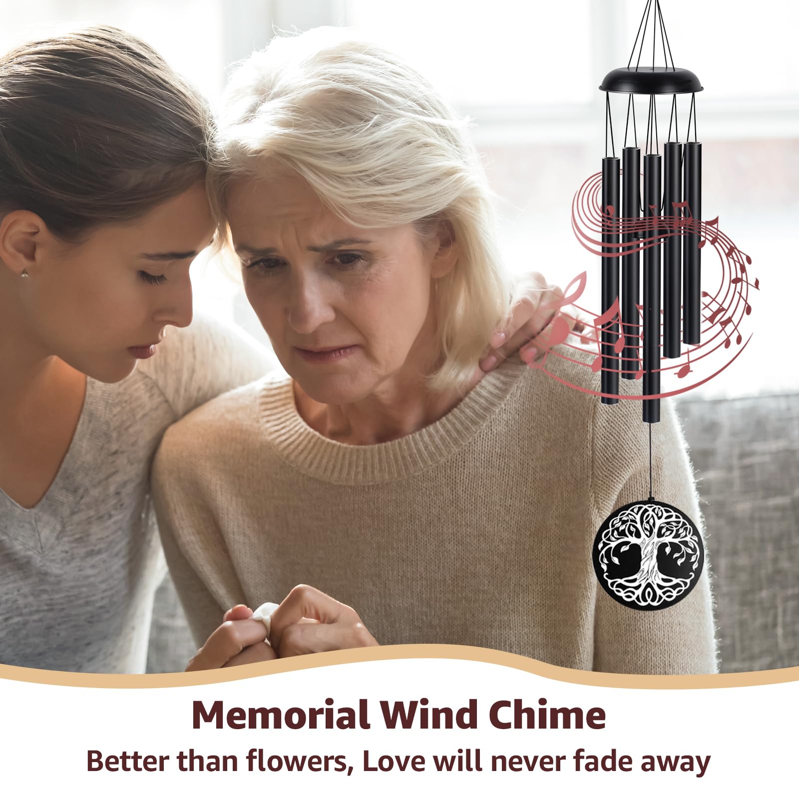 Sympathy Wind Chimes for Loss of Loved One, Memorial Windchimes for Lost Father Mother, Remembrance Bereavement Gift with Card, in Memory of Dad Mom Metal Funeral Decor for Garden Outdoor (39“ Black)
