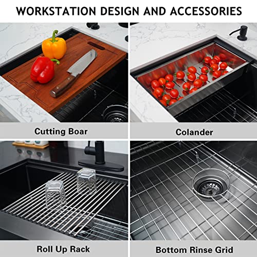 PEPO Workstation Apron-Front Kitchen Sink 36 Inch Gunmetal Black Farmhouse Undermount Sink, 16 Gauge 10 inch Deep Single Bowl Farm Sink with Accessories Kit