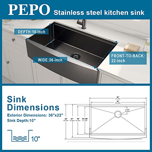 PEPO Workstation Apron-Front Kitchen Sink 36 Inch Gunmetal Black Farmhouse Undermount Sink, 16 Gauge 10 inch Deep Single Bowl Farm Sink with Accessories Kit