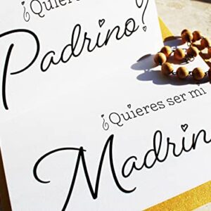 Spanish Will you be my Godparents Cards (Madrina & Padrino) - Godmother & Godfather Proposals in Black-and-White Lettering, with Golden Shimmer Envelopes (Set of 2 cards) (Madrina & Padrino)