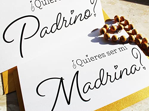 Spanish Will you be my Godparents Cards (Madrina & Padrino) - Godmother & Godfather Proposals in Black-and-White Lettering, with Golden Shimmer Envelopes (Set of 2 cards) (Madrina & Padrino)